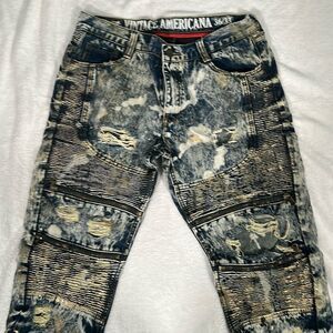Vintage Americana Dark Blue Distressed Jeans With Metallic Gold Accents! Size 36